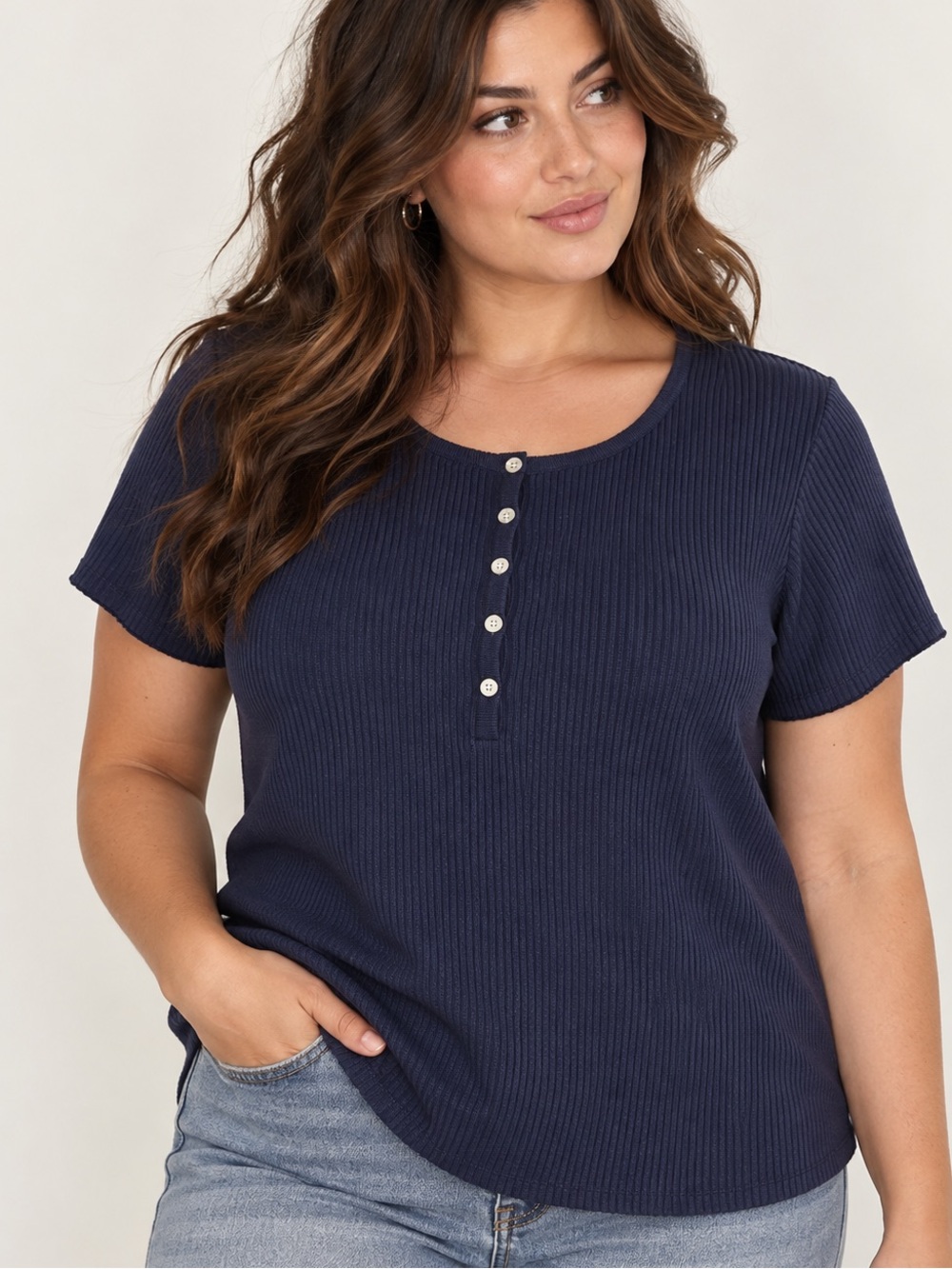 Vintage 90s Pierre Cardin Navy Ribbed Short Sleeve Henley Top Womens XL
